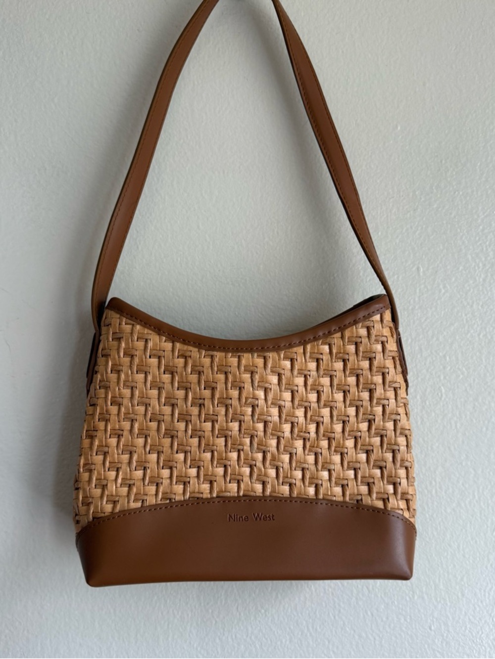 Nine West Tan Woven Shoulder Bag with Brown Trim